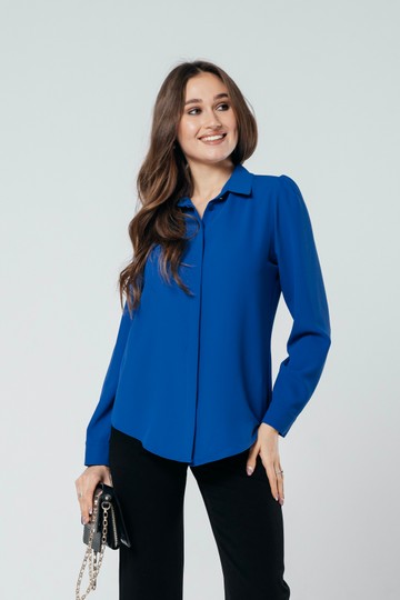 Блузка с длинным рукавом, шелковистая классическая синяя